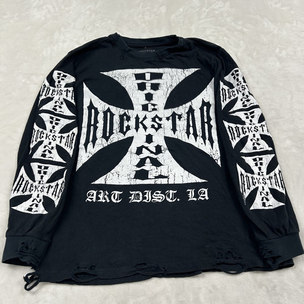 Rockstar Original choppers Long Sleeve Men XL Black Distressed Graphic Iron Cros